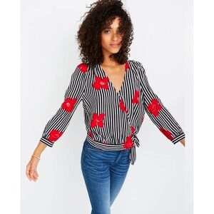 Madewell Silk-Feel Wrap Blouse Red Floral Striped V-Neck Tie Top Medium